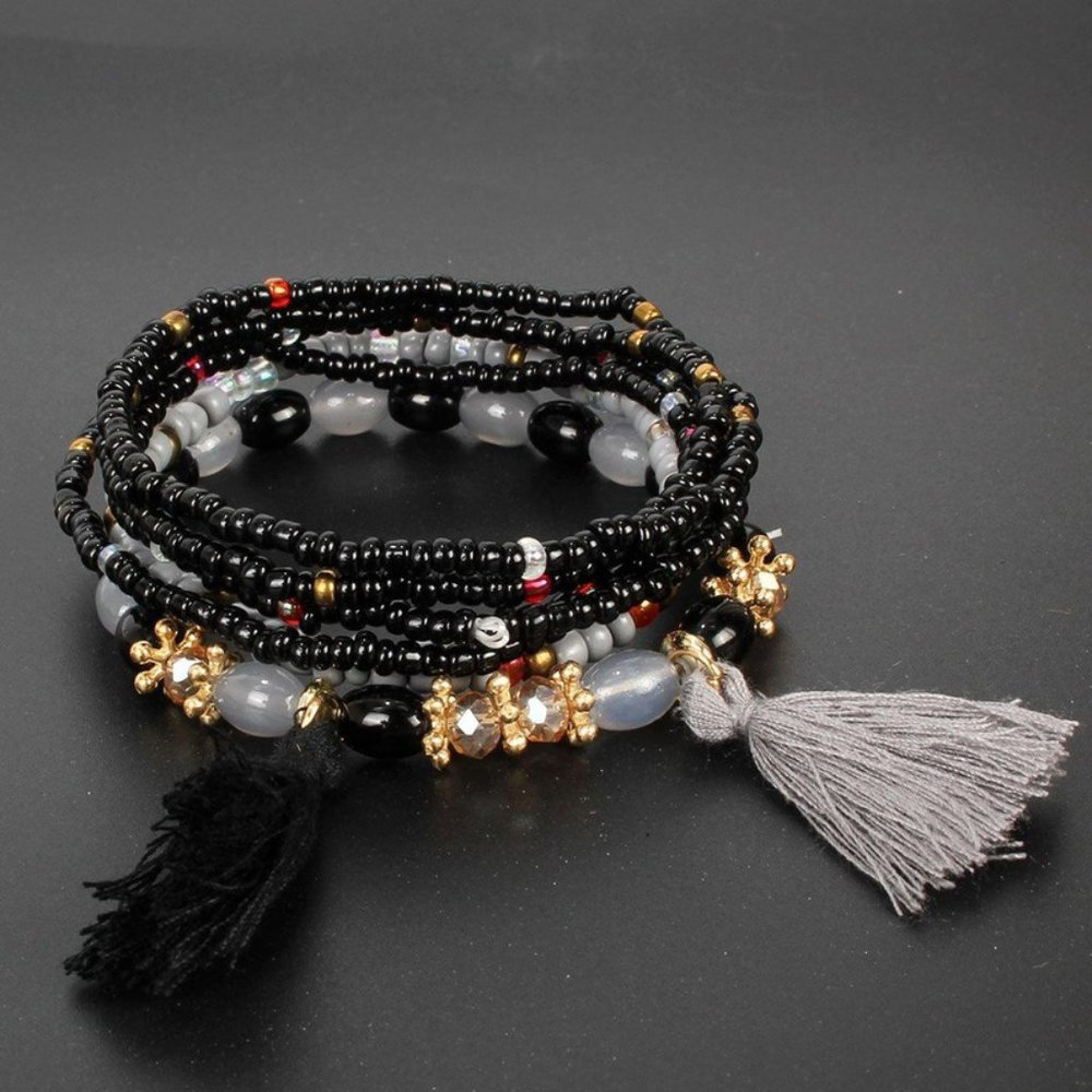 Multilayer Rice Beads Tassel Bracelet Black